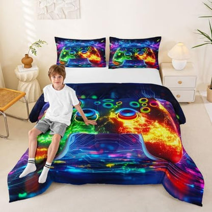Erosebridal 3D Modern Gamer Comforter Set Gamer Controller Full Size Bedding Sets for Tween Boys Girls Geometric Neon Gaming Comforter Video Game Consoles Bed Set,Boys Room Decor