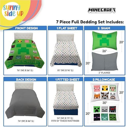 Sunny Side Up Minecraft Full Comforter Set - 7 Piece Kids Bedding Includes Comforter, Sheets & Pillow Cover - Super Soft Gamer Microfiber Bed Set