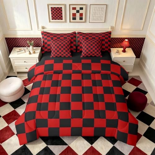 Feelyou Checkered 7 Piece Bedding Set Teen Red Black Plaid Comforter Set with Sheets King Size Kids Boys Cute Retro Neutral Checkerboard Geometric Bed in a Bag Vintage Aesthetic Room Decor