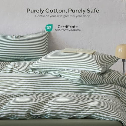 JELLYMONI 100% Cotton Printed Striped Queen Duvet Cover Set, Green