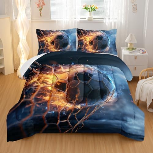 Nttopship Sports Soccer Comforter Set Full Size,Fireball Soccer Ball Bedding Sets 3PCS for Kids Teen Adult Sports Room Decor Ultra-Soft Lightweight Microfiber 1 Comforter with 2 Pillowcases