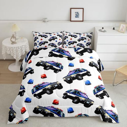 Feelyou Police Car Comforter Set Queen Size Policeman Vehicle Bedding Set for Kids Boys Girls Automobile Duvet Quilt Bedroom Decor Microfiber 3 Pcs with 2 Pillow Cases