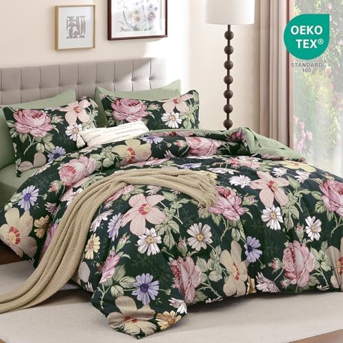 Luxudecor Floral Comforter Set-7 Pieces Bed in a Bag King,Pink Flowers Flower Print on Dark Green Bedding Set,Soft Microfiber Comforter with Sheets for All Seasons (Dark Green-Pink,104"x90")
