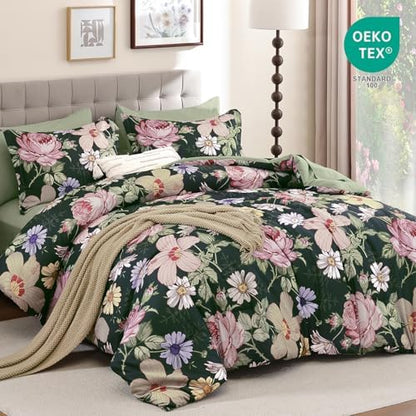 Luxudecor Floral Comforter Set-7 Pieces Bed in a Bag King,Pink Flowers Flower Print on Dark Green Bedding Set,Soft Microfiber Comforter with Sheets for All Seasons (Dark Green-Pink,104"x90")