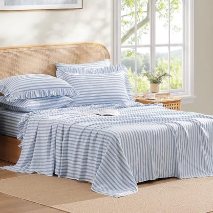 ROSE&RISY Queen Ruffle Sheet Set 4 Piece - Blue Stripe Soft Lightweight Microfiber Bedding with Deep Pocket, Breathable Ruffled Flat Sheet & Pillowcases (Blue Stripe Ruffle,Queen)