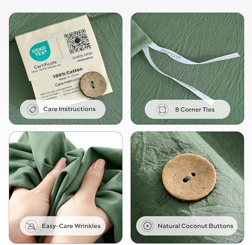 JELLYMONI 100% Washed Cotton Dusty Green Duvet Cover Queen, Linen-Like