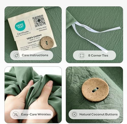 JELLYMONI 100% Washed Cotton Dusty Green Duvet Cover Queen, Linen-Like