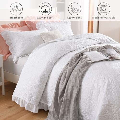 DJY King Size Quilt Sets, White Bedspreads, Ruffled Bedding Set