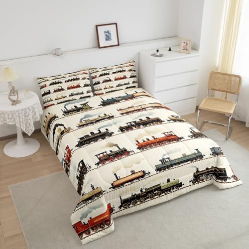 Feelyou Kids Vintage Train Comforter Set King Size Retro Steam Engine Bedding Set Boys Girls Retro Steam Locomotive Train Quilt Set Vehicle Train Bed Set
