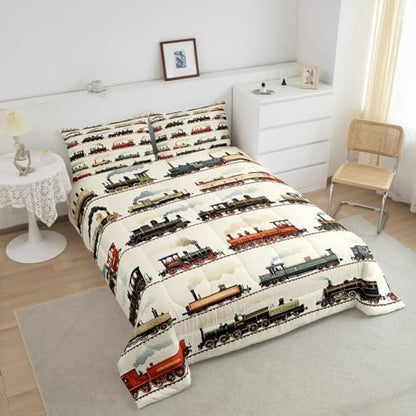 Feelyou Kids Vintage Train Comforter Set King Size Retro Steam Engine Bedding Set Boys Girls Retro Steam Locomotive Train Quilt Set Vehicle Train Bed Set