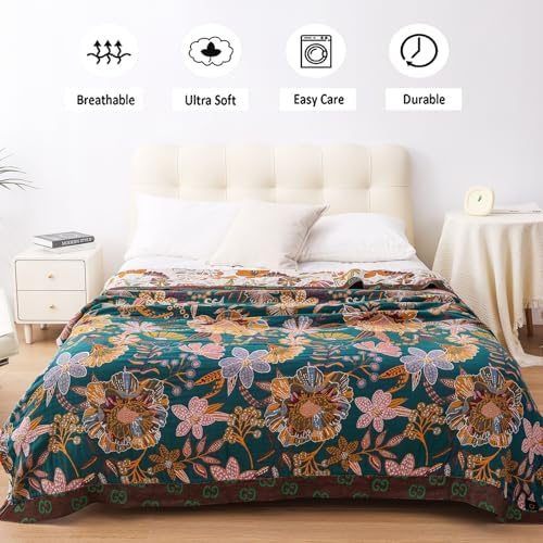 VANJOROY Queen Boho Throw Blanket for Bed, 100% Cotton Muslin Soft Throw-Floral Farmhouse Rustic Decor Blanket for Couch Sofa Quilt and Gift, 80" x 90"-BeigeWhite