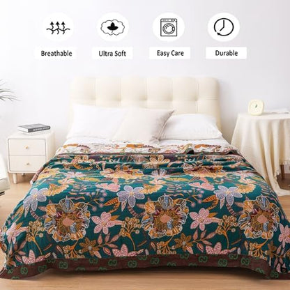 VANJOROY Queen Boho Throw Blanket for Bed, 100% Cotton Muslin Soft Throw-Floral Farmhouse Rustic Decor Blanket for Couch Sofa Quilt and Gift, 80" x 90"-BeigeWhite