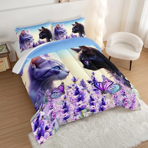 Cat Comforter Set - Toddler Bedding Set with 2 Pillowcases, Floral Animal Themed Comforter for Kids Boys Girls Room Decor