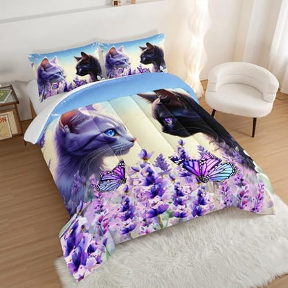 Cat Comforter Set - Toddler Bedding Set with 2 Pillowcases, Floral Animal Themed Comforter for Kids Boys Girls Room Decor
