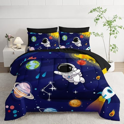 AILONEN Kids Cartoon Astronaut Comforter Sets Twin Size,Cute Astronaut Rockets Bedding Set Bed in a Bag for Boys Teens,Outer Space Comforter & Fitted Sheet + Flat Sheet & 2 Pillowcases,2 Pillow Shams