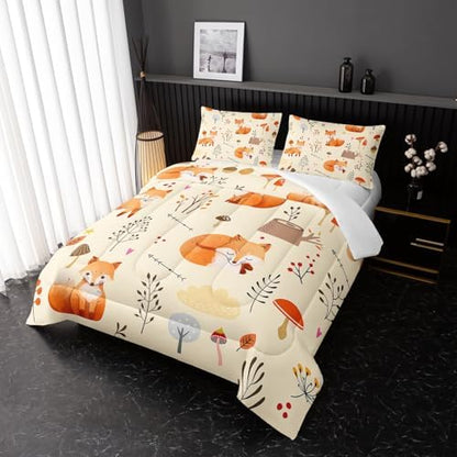 Nttopship Cartoon Fox Comforter Set King，Cute Fox Bedding Set 3-Pieces Quilt Set 3D Animal Plants Leaves Printed Theme Bedding Set for Boys Girls Animal Bedroom Decor Comforter with 2 Pillowcases