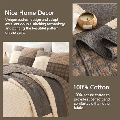 Finlonte 100% Cotton Queen Size Quilt, Queen Comforter with Pillow Shams, Farmhouse Plaid Quilted Bedspread, Lightweight Soft Quilt Bedding Set, Brown/Beige/Gray
