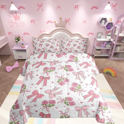 Castle Fairy Pink Bow Comforter Set Toddler Size 2 Pcs,Romantic Pink Roses Bedding Set,Dreamy Girly Style Quilt Set for Child Bedroom,Duvet Insert,1 Pillowcase