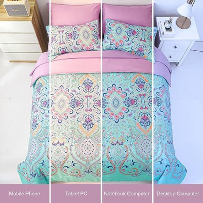 DHSFKBE Twin Comforter Set, 5 Piece Bed in a Bag, Boho Aqua and Lilac Damask Medallion Print Comforter with Sheets, Soft Microfiber Complete Bedding Set for All Season (Aqua, Twin)