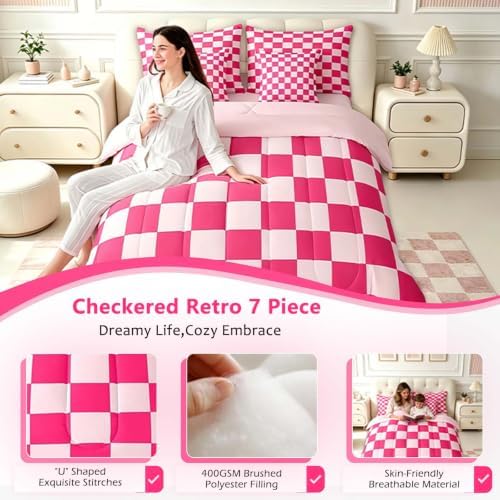 Feelyou Checkered 7 Piece Bedding Set Teen Women Boho Modern Cute Aesthetic Decorative Girly Comforter Set with Sheets Queen Size Kids Boys Geometric Chic Bed in a Bag Pink White Plaid Room Decor