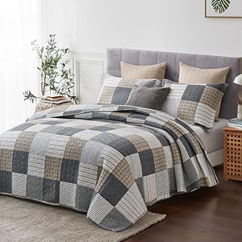 Y-PLWOMEN 100% Cotton King Size Quilt Farmhouse Plaid 3-Pieces Bedding