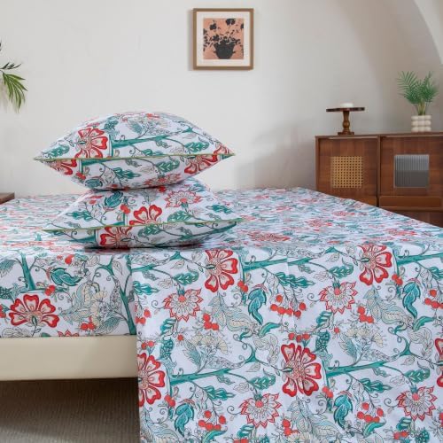 FADFAY Cal King White Teal 100% Egyptian Cotton Sheets Set 4 Piece, Vintage Botanical Garden Floral Sheets, Luxury Soft Breathable Cottagecore Bedding with Deep Pocket Fitted Sheet for All Seasons