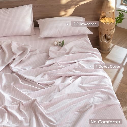 MooMee Striped Duvet Cover Set 100% Washed Cotton Linen Like King