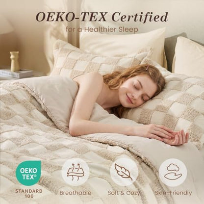 Sasttie Full Comforter Set, 3 PC Boho Tufted Bed, Checkered Bedding, Beige