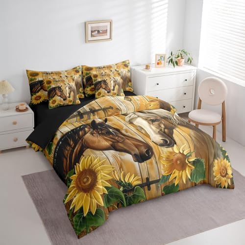 Erosebridal Couple Horse Bedding Set Twin,Sunflower Farm Animals Comforter Set,Rustic Farmtyle(Comforter+Fitted+Flat Sheet+2 Pillowcases+2 Throw Pillow Covers) 7 Pieces Old Wooden Boards Bed Set