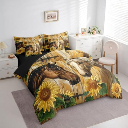 Erosebridal Couple Horse Bedding Set Twin,Sunflower Farm Animals Comforter Set,Rustic Farmtyle(Comforter+Fitted+Flat Sheet+2 Pillowcases+2 Throw Pillow Covers) 7 Pieces Old Wooden Boards Bed Set