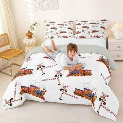 Feelyou Yellow Vintage Train Comforter Set King Size Retro Steam Locomotive Down Bedding Set for Kids Boys Girls Transportation Vehicles Duvet Quilt Bedroom Decor Microfiber 3 Pcs with 2 Pillow Cases