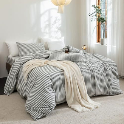 FOSSA Striped Duvet Cover Set 100% Washed Cotton Linen Feel King