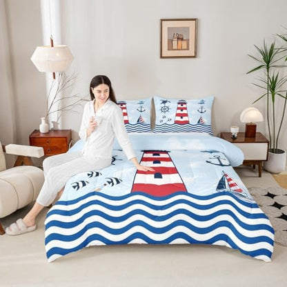 Homewish Lighthouse King Size Comforter Set,Kids Navigation Theme Decor All Season Bedding Set,Teens Anchor and Rudder Comforter,Blue Red Decor Quilt Set Bedroom Collection 3Pcs
