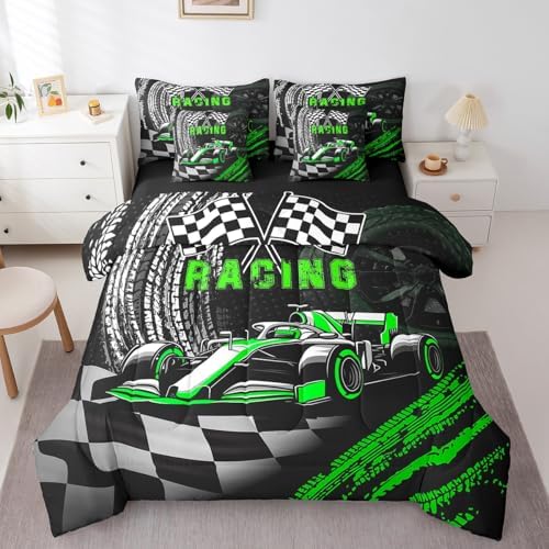 Castle Fairy Cool Racing Comforter Set Bed in a Bag 7 Pieces King,Boys Men Race Car Bedding Set,Speed Sports Car (Comforter+Fitted+Flat Sheet+2 Pillowcases+2 Throw Pillow Covers)
