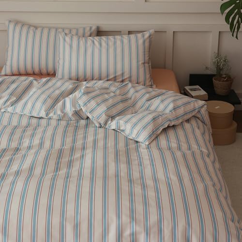 Striped Comforter Set King Size, 3 Pieces Lightweight Striped Bedding Comforter Set, Fluffy Soft Blue Brown Stripes Pattern Printed Bedding Set, Breathable King Size Comforter with 2 Pillowcases