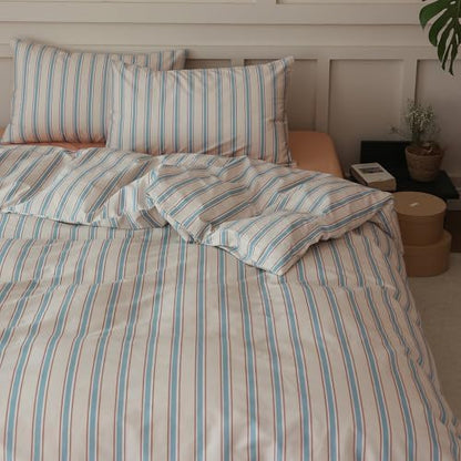 Striped Comforter Set King Size, 3 Pieces Lightweight Striped Bedding Comforter Set, Fluffy Soft Blue Brown Stripes Pattern Printed Bedding Set, Breathable King Size Comforter with 2 Pillowcases