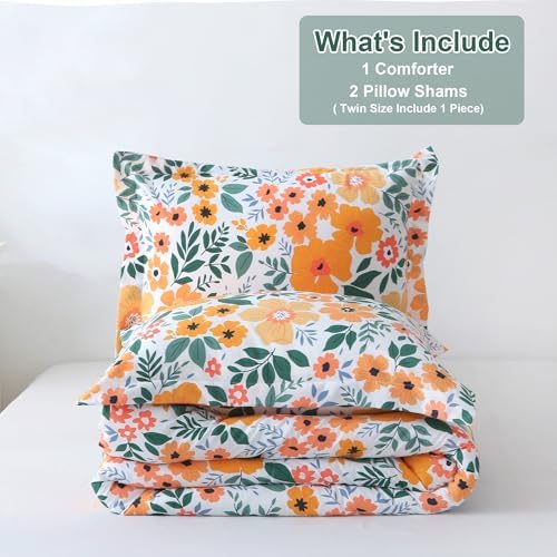 Mooreeke Floral Queen Size Comforter Sets, Green and Yellow Botanical Patterned Bedding for All Seasons, 3-Piece Vintage Bed in a Bag with Fluffy Quilted Reversible Comforter & 2 Pillow Shams