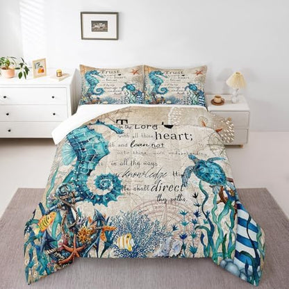 Homewish Seahorse Turtle Comforter Set Queen Size,Nautical Anchor Lighthouse Bedding Sets for Kids Girls Boys Teens Room Decor,Ocean Animals Quilt Set Vintage Bible Quotes Duvet Insert,2 Pillowcases