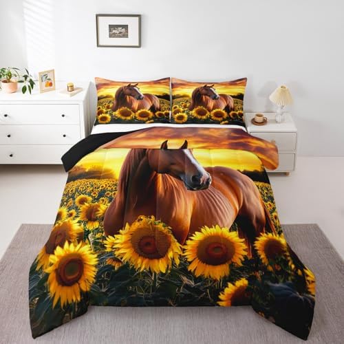 3D Horse Comforter Set for Kids Boys Wild Animal Down Comforter Girls Teen Adult Women Sunflower Quilted Duvet Brown Horse Bedding Comforters Cowboys Farmhouse Comforter with 2 Pillowcases, Queen Size