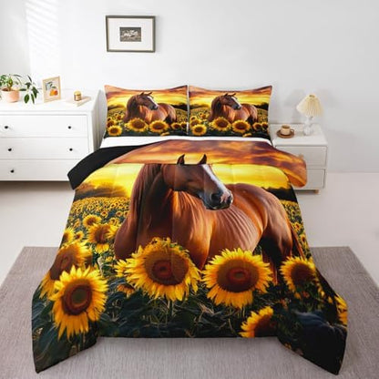 3D Horse Comforter Set for Kids Boys Wild Animal Down Comforter Girls Teen Adult Women Sunflower Quilted Duvet Brown Horse Bedding Comforters Cowboys Farmhouse Comforter with 2 Pillowcases, Queen Size