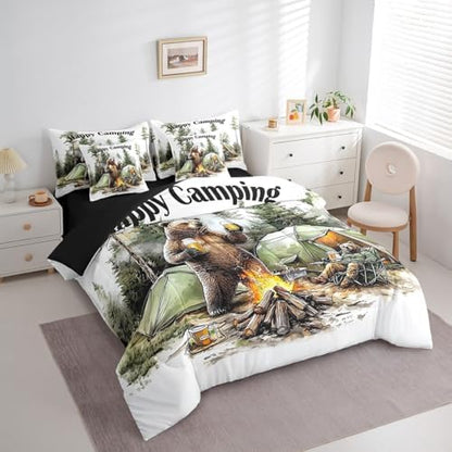 Erosebridal 7 Piece RV Bunk Twin Bedding Set for Camper,Camping Bear Themed Comforter Set for Kids Boys Girls,Travel Trailer Tent Decor Woodland Forest Animals Bed Set with Sheets,Pillowcases