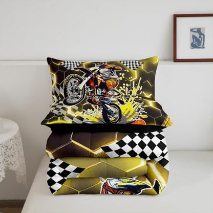 Racing Bedding Set Yellow Neon Lights Honeycomb Comforter Set Motorbike Dirt Bike Quilt Geometric Hexagon Moto Extreme Sports Full Size Duvet Insert,Black White Grid Lattice Buffalo Plaid Decor
