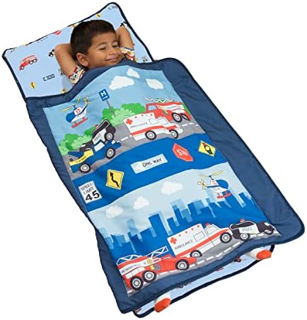EVERYDAY KIDS Toddler Nap Mat with Removable Pillow -Fire Police Rescue- Carry Handle Fastening Straps Closure, Rollup Design, Soft Microfiber for Preschool, Daycare, Sleeping Bag -Ages 2-6 Years
