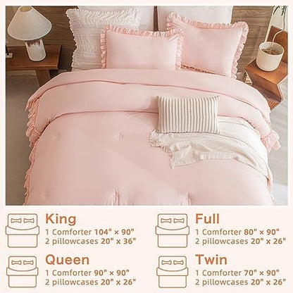 Masaca Shabby Ruffled King Comforter Set,Farmhouse Blush Pink Bedding Comforter Lightweight Ultra Soft Vintage French Country Bedding Set 3pc (1 Ruffle Comforter and 2 Pillowcases)