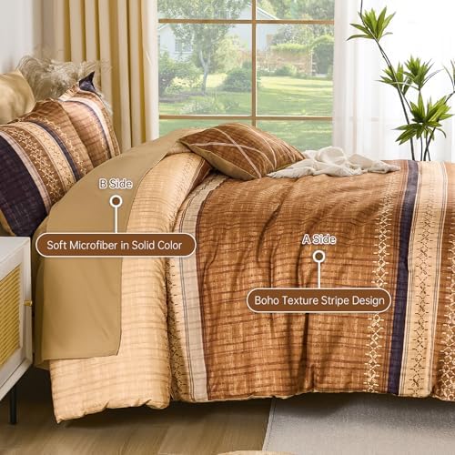 Dintszyayue Boho Queen Comforter Size Set, 8 Pieces Striped Texture Gold Purple Bed in a Bag Sets, Lightweight Soft Bohemian Comforter and Sheet Set, All Season Microfiber Bedding Sets for Men Women