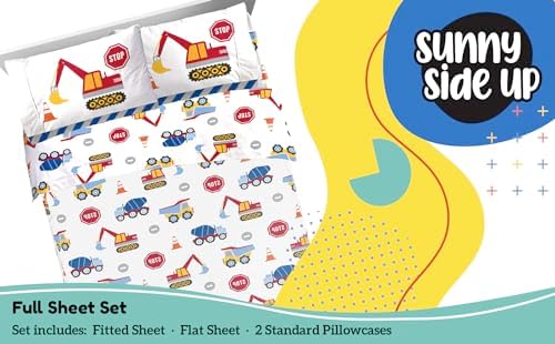 Sunny Side Up Construction Zone Full Sheet Set - 4 Piece Kids Bedding Set Includes Pillow Cover - Super Soft Trucks Microfiber Sheets