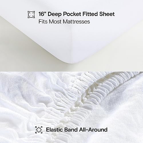 Sijo Stone Washed Organic French Linen Bed Sheet Set, GOTS Certified Organic, Best Cooling Linen Sheet Award by Sleep Foundation, 4 Piece - 2 Pillowcases, 1 Fitted and 1 Flat (Snow, Full)