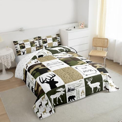 Castle Fairy Grid Comforter Set Queen Size for Kids Teens Boys Home Decor,Camo Deer Antler Arrows Bedding Outdoor Adventure Quilt Bear Elk Animal Duvet Insert with 2 Pillowcases,Army Green White