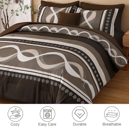 Anibedding Brown Comforter Set Queen Size,Patchwork Striped Bed in a Bag