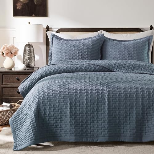 WDCOZY Dusty Blue Twin Size Quilt Set, Geometric Box Lightweight Bedspread, Soft Farmhouse Rustic Coverlet, Spring Summer Thin Comforter, Country Bedding, 68x90 inches